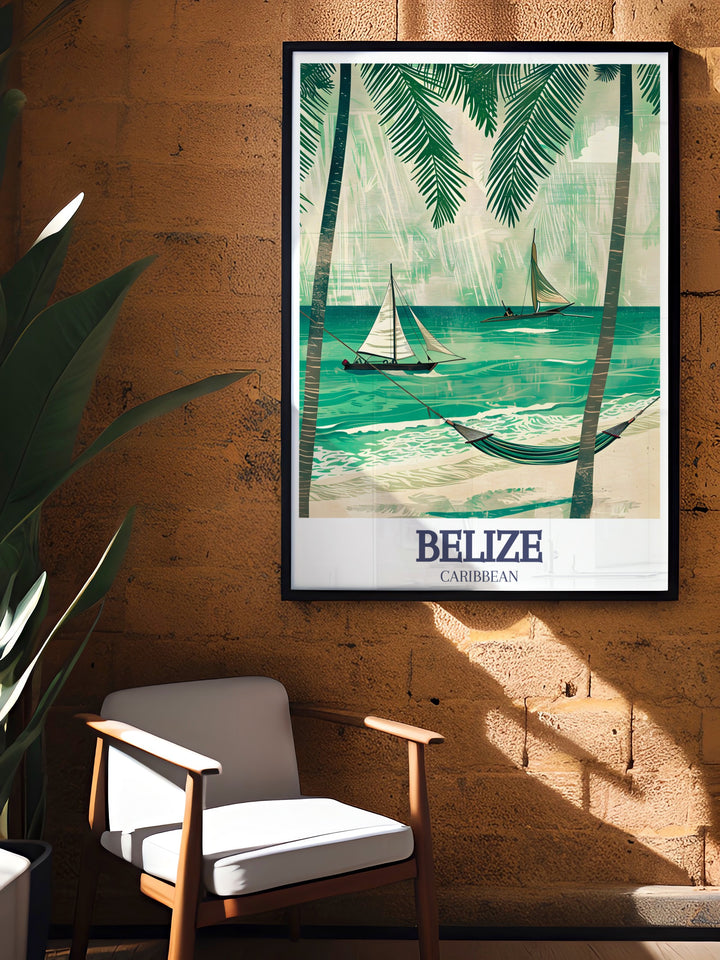 Secret Beach Ambergris Caye home decor featuring vibrant blues and greens intricate details of the beach perfect for bringing the warm sunny vibes of the Caribbean into your living space