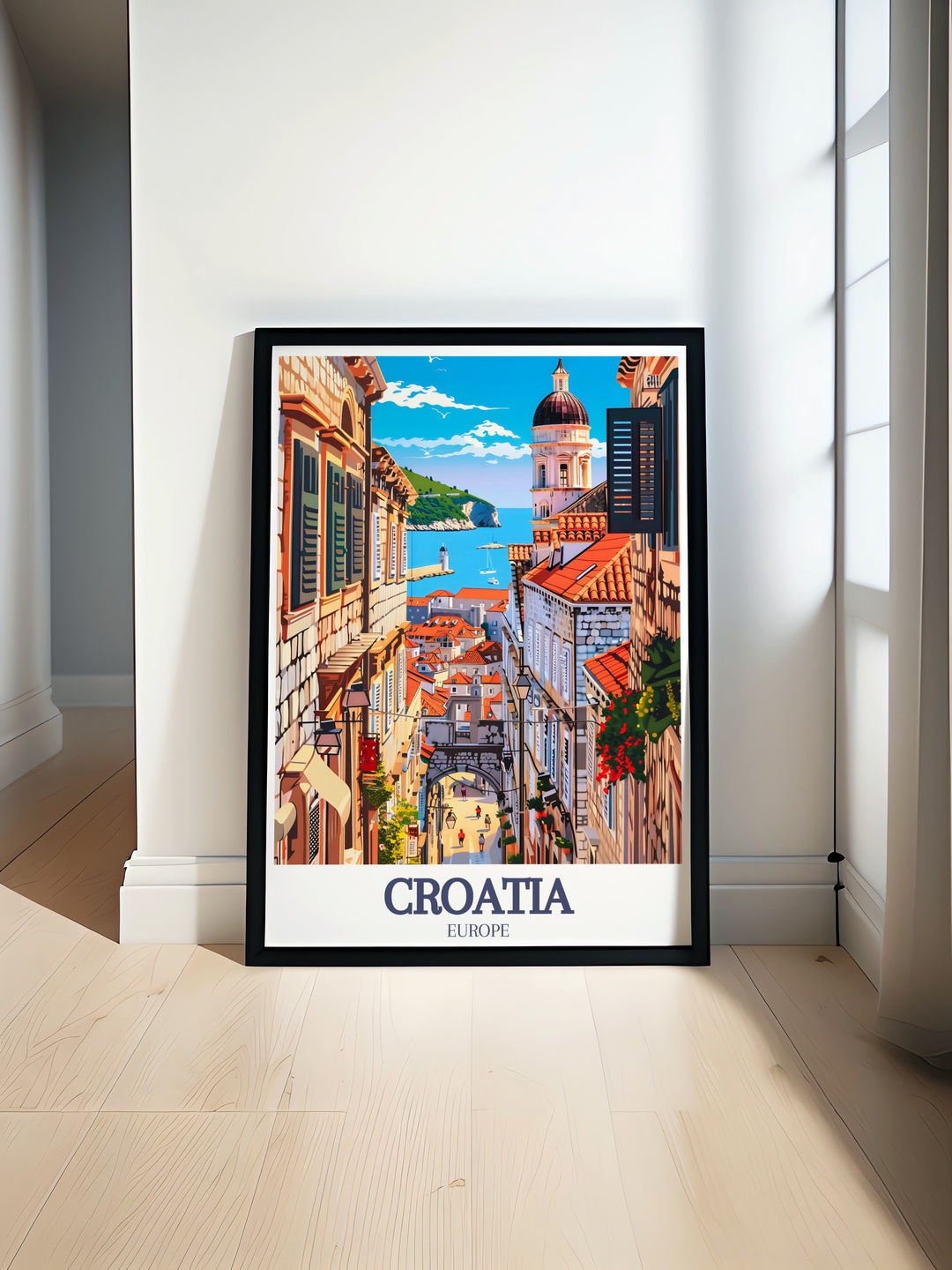 Dubrovnik Old Town Adriatic Sea modern prints capture the beauty of Croatia with the historic architecture of the old town and the crystal clear sea making it the perfect addition to any living room office or bedroom decor