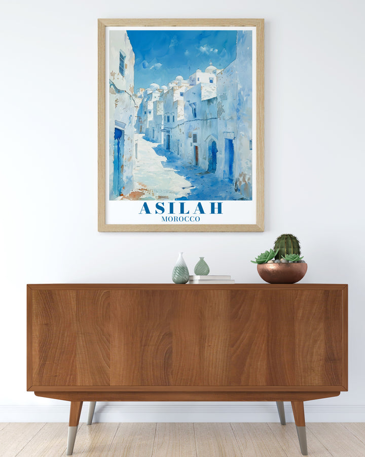 Detailed framed art of Asilahs medina, showcasing the towns artistic flair and traditional Moroccan architecture. This artwork offers a stunning depiction of Asilahs vibrant culture, perfect for enhancing your home with a piece of Moroccos beauty.