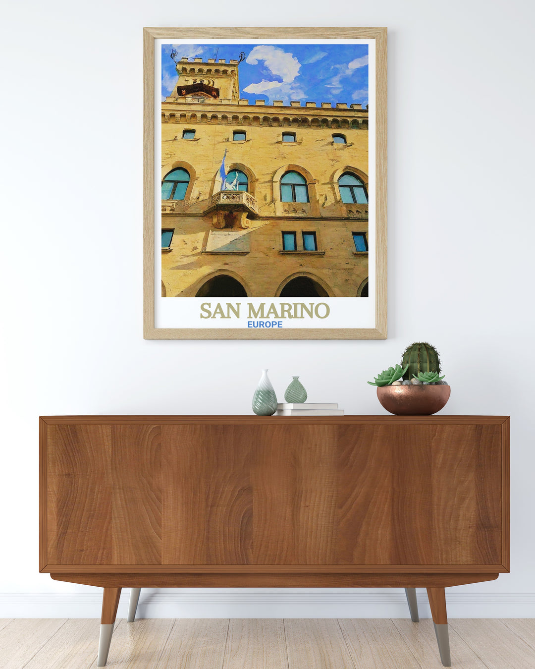 A stunning San Marino art print featuring the Palazzo Pubblico. The intricate details of this architectural marvel, set against the scenic backdrop of Europes oldest republic, make this travel gift an ideal choice for history lovers and travelers alike.