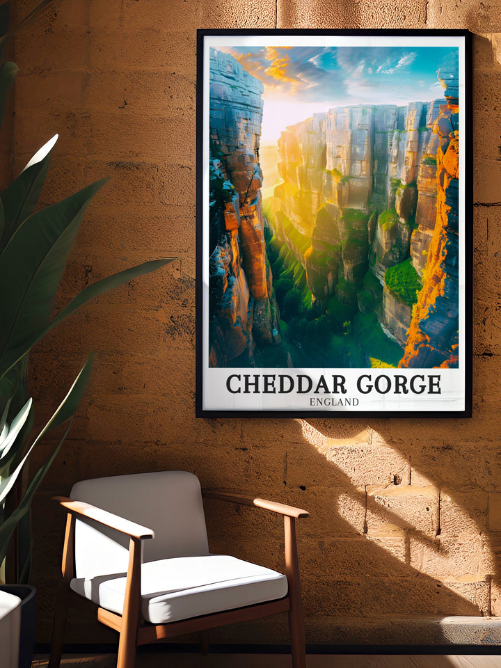 A stunning wall art print of Cheddar Gorge and the Mendip Hills, highlighting the areas rugged beauty and peaceful countryside, perfect for enhancing your British countryside collection.