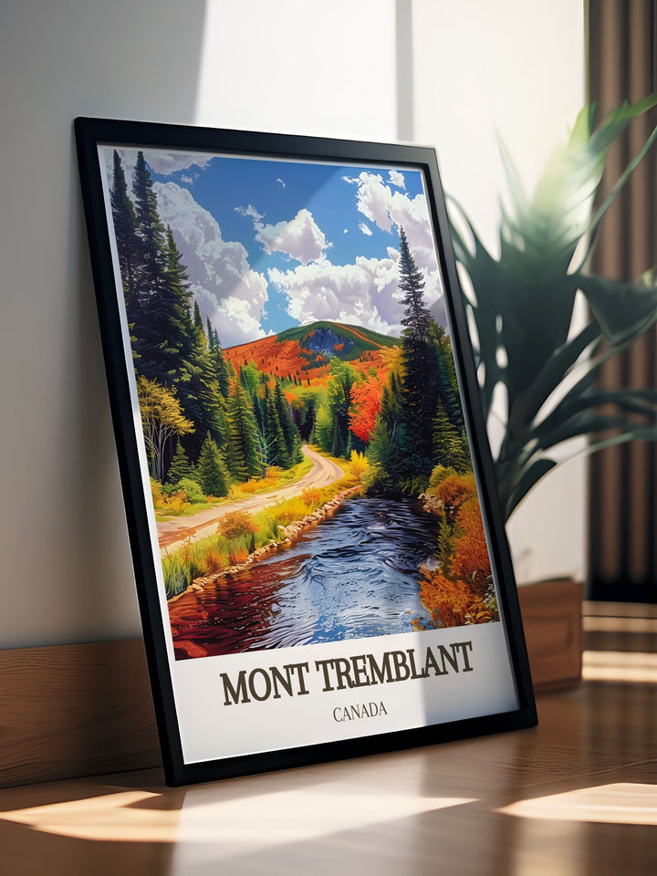 Mont Tremblant National Park travel poster illustrating the picturesque beauty of Mont Tremblant Ski Resort and the Laurentian Mountains with vibrant colors perfect for enhancing your living room bedroom or office with a touch of Canadian wilderness.