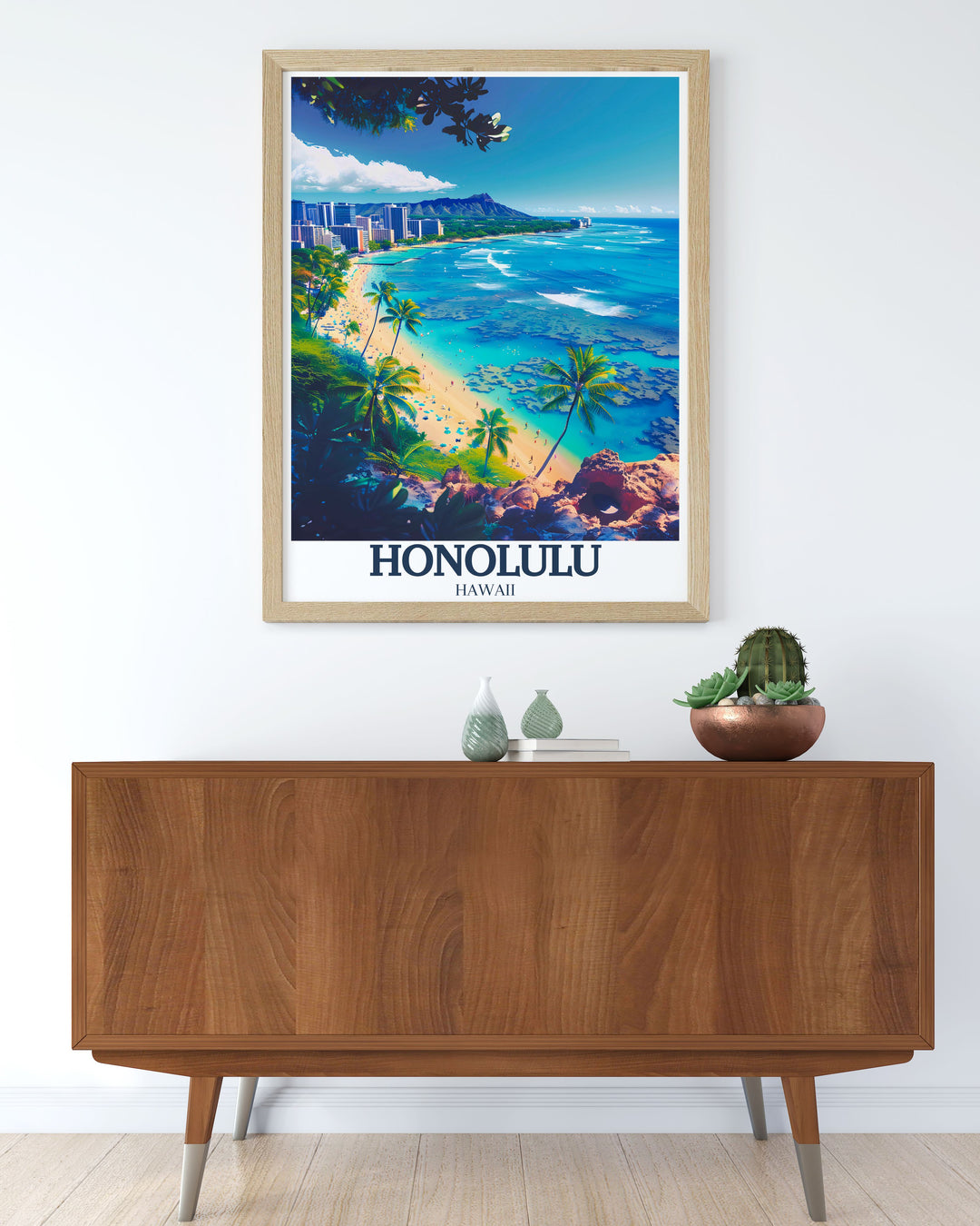 Fine art print of Waikiki Beach in Honolulu, Hawaii, capturing the iconic views and lively atmosphere of this famous shoreline. The artwork showcases the beachs vibrant life and tropical charm, offering a beautiful depiction of Hawaiis coastal beauty.