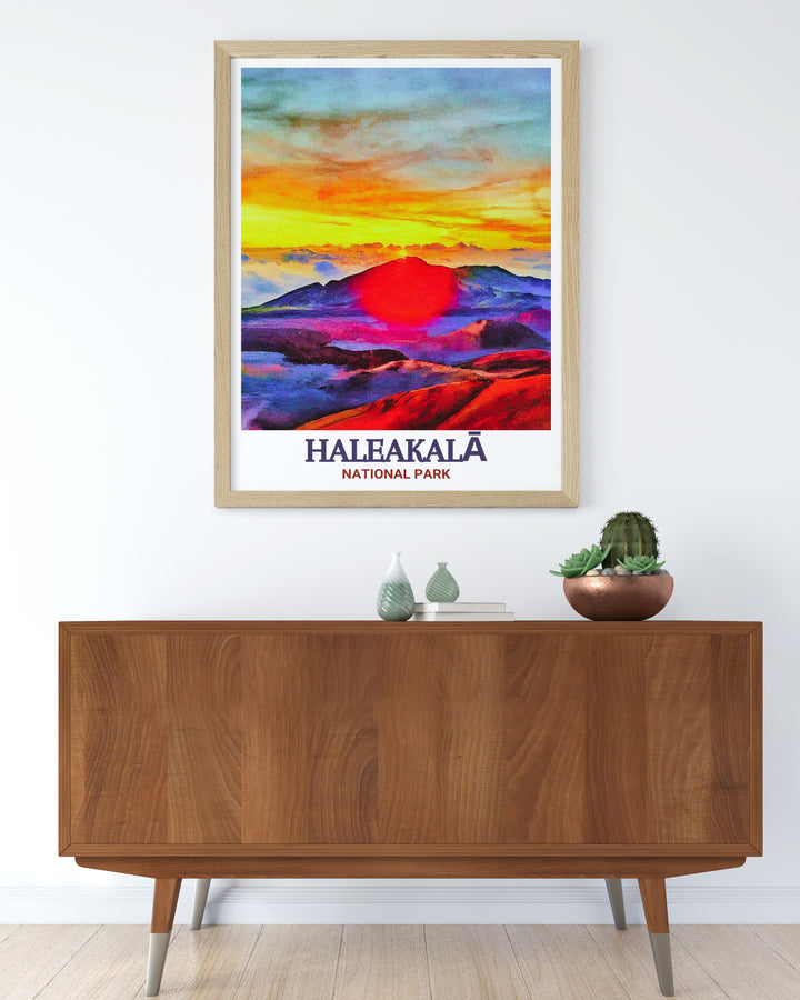 Travel poster of Haleakalā National Park featuring the dramatic sunrise and sunset at the summit. The vivid hues and detailed illustration make this print a stunning piece of decor, celebrating the beauty of nature.