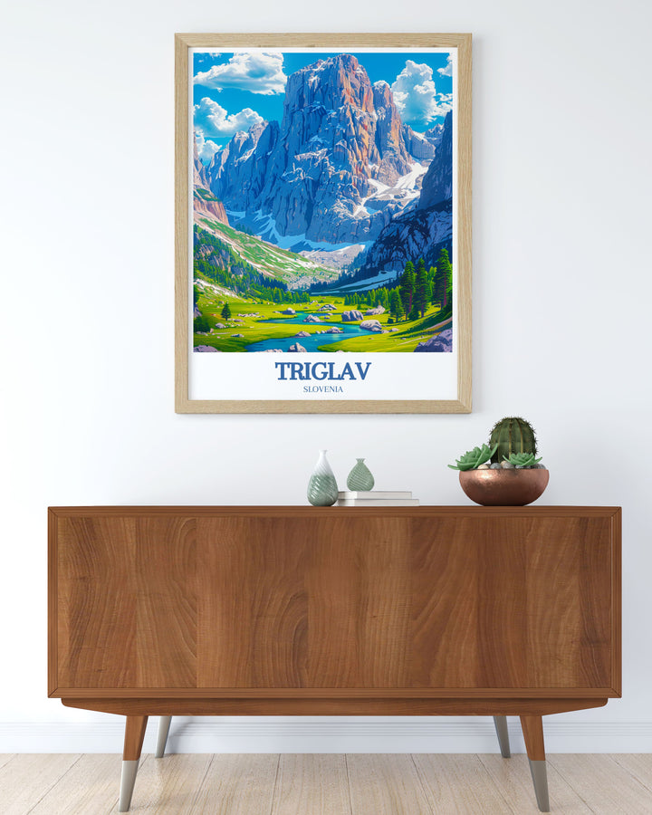 Vintage travel poster of Triglav Peak highlighting the majestic beauty of Mount Triglav and the serene landscape of Lake Bled Slovenia a perfect addition to any home decor bringing the spirit of adventure and the natural wonders of Slovenia into your space.