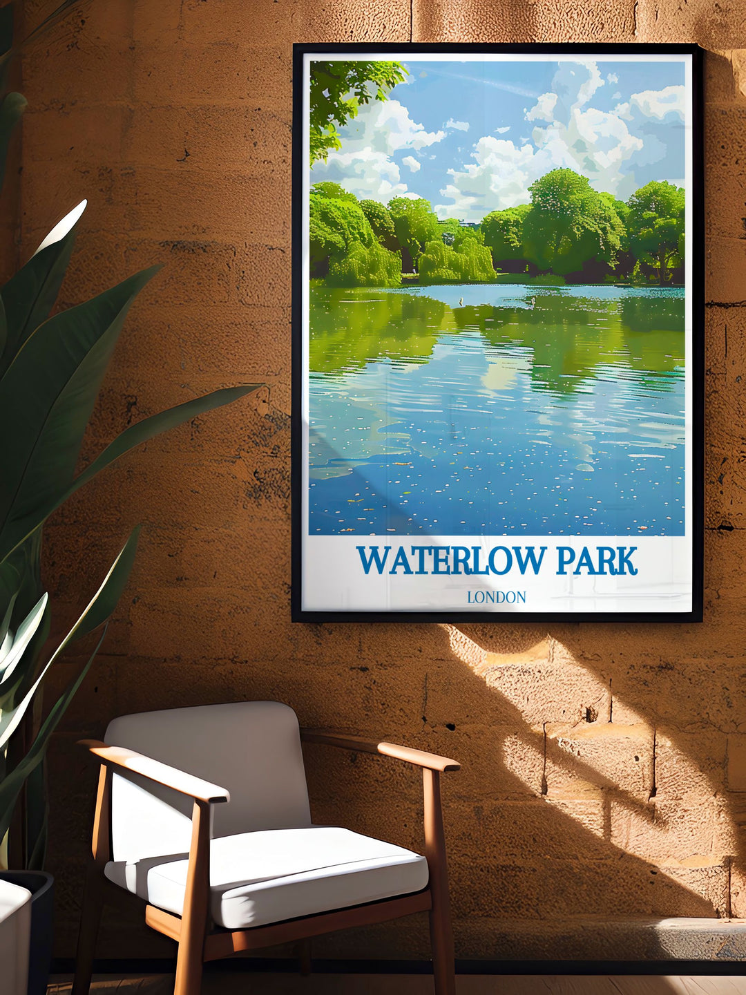 Waterlow Park Poster with Highgate Ponds Modern Art is ideal for creating an elegant atmosphere in any space blending the tranquility of Londons parks with the vintage charm of a classic travel poster from North London