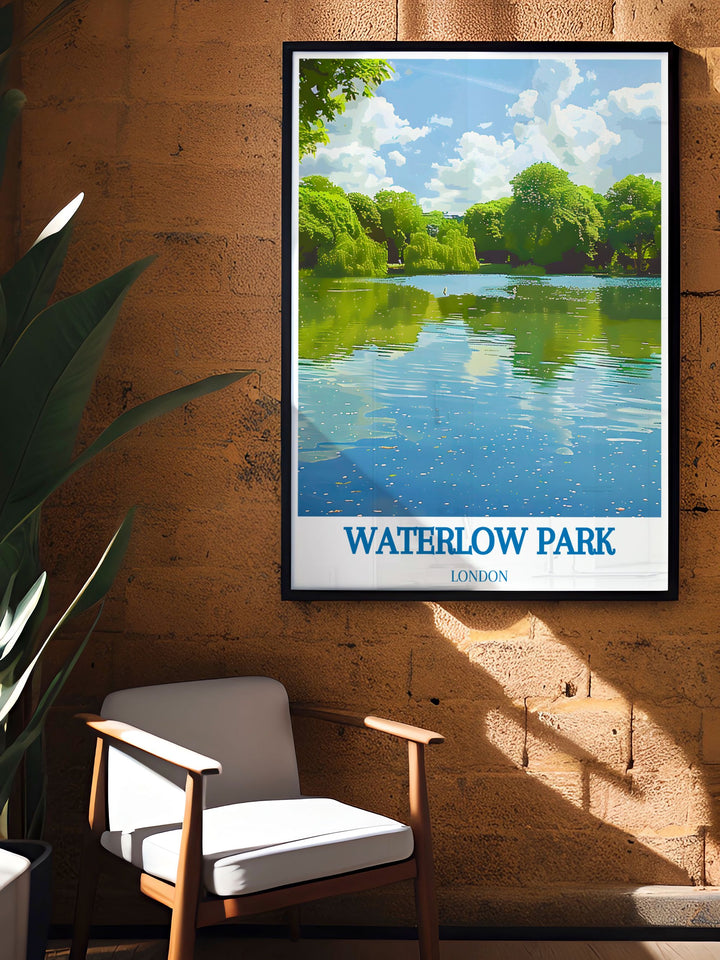 Waterlow Park Poster with Highgate Ponds Modern Art is ideal for creating an elegant atmosphere in any space blending the tranquility of Londons parks with the vintage charm of a classic travel poster from North London