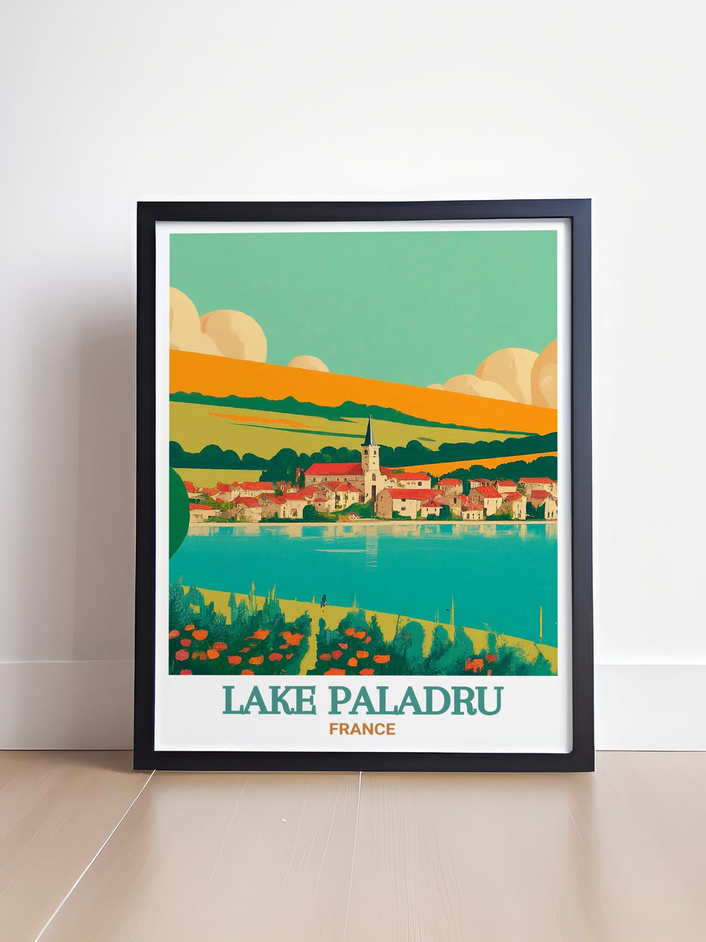 Bring the charm of France into your home with this travel poster featuring Lake Paladru and Saint Pierre de Paladru. The artwork highlights the best of both landmarks, ideal for anyone who loves nature and the peacefulness of the French countryside.