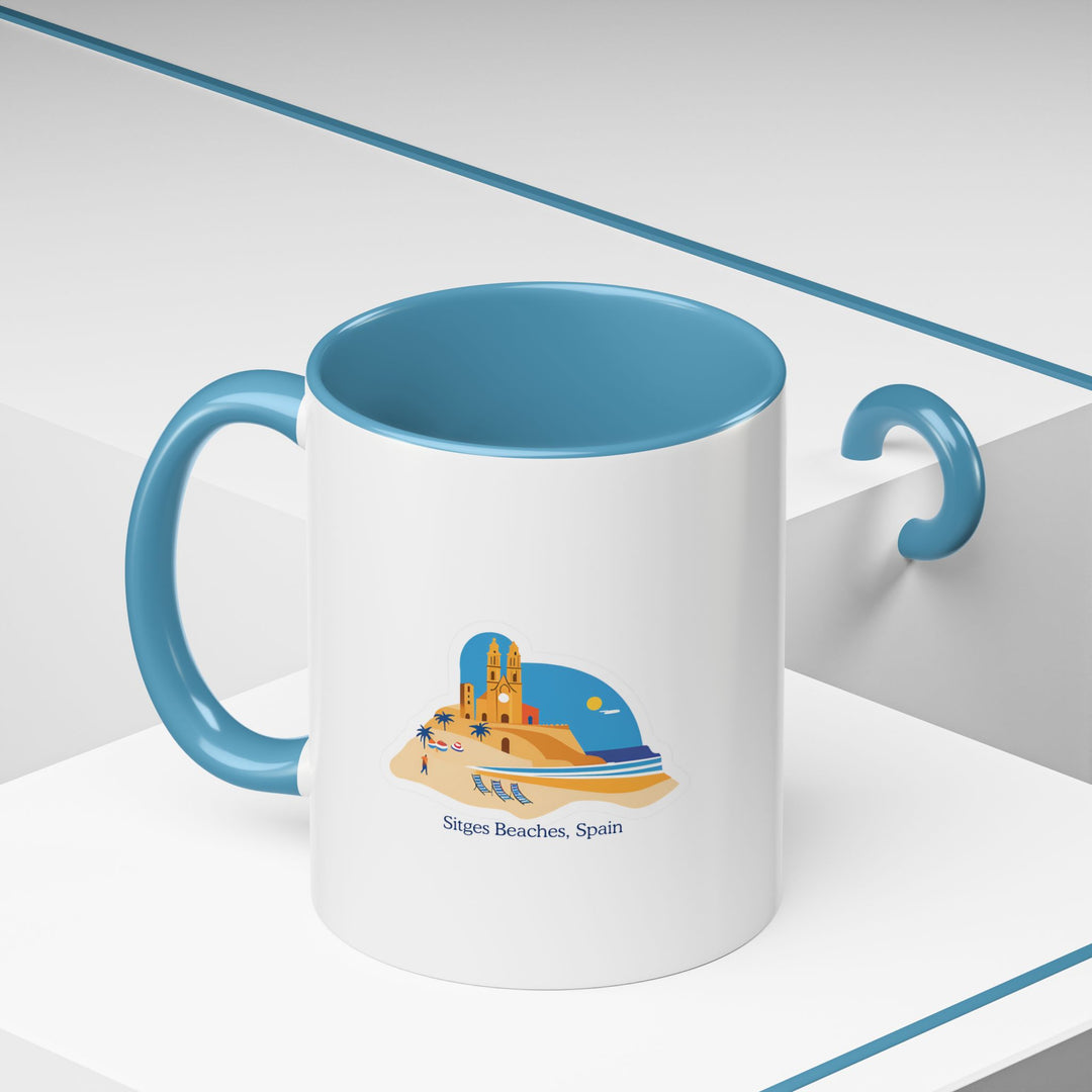 A stylish Sitges Beach Spain Mug designed with bold and colorful artwork inspired by the natural beauty of Sitges Beach. Made from ceramic, this dishwasher-safe mug is perfect for coffee lovers and collectors.