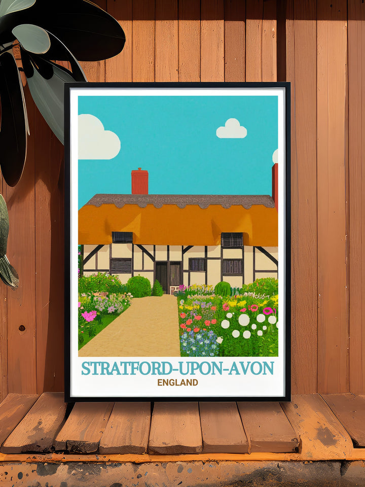 Celebrate the historic beauty of Stratford upon Avon with our artwork featuring Anne Hathaways Cottage an ideal gift for art lovers and a perfect addition to your England travel art collection.