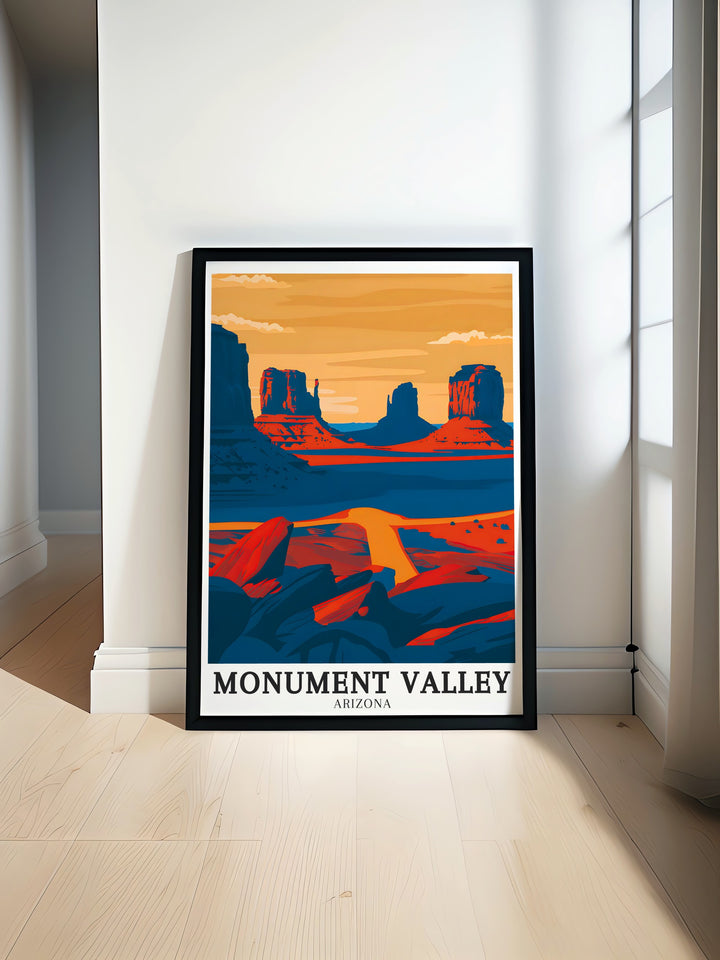 Monument Valley Art Poster featuring East Mitten Butte Navajo Tribal Park is the perfect addition to any modern decor bringing the stunning beauty of the Southwest into your home with bold colors and timeless landscapes that inspire.