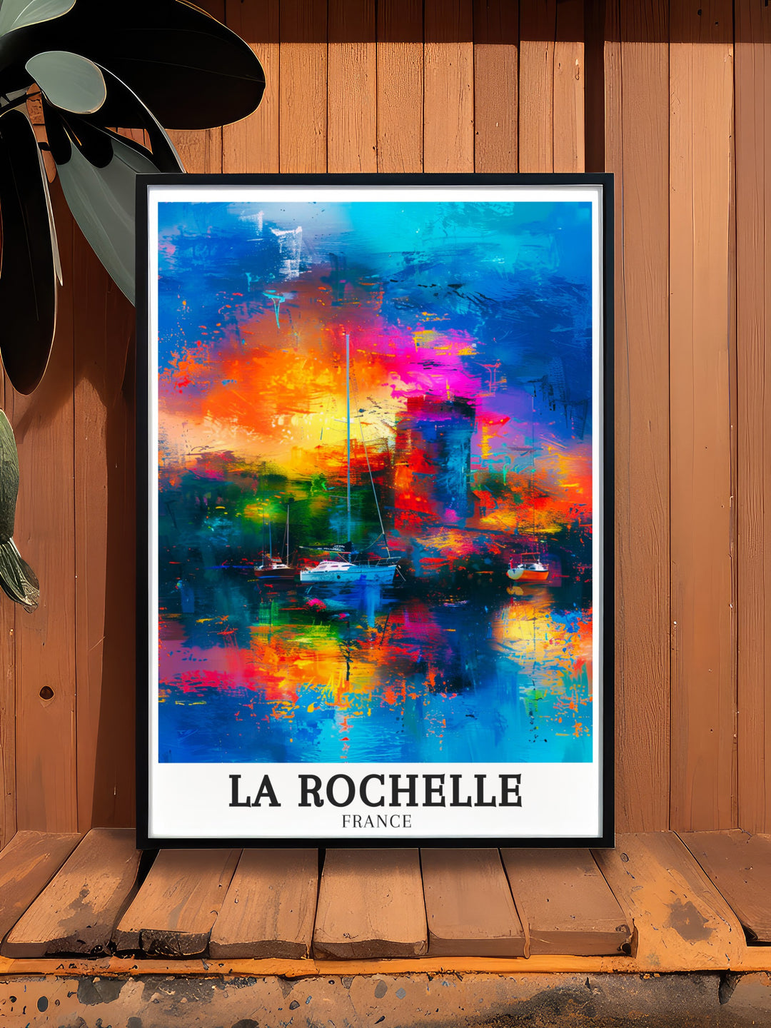 Vivid La Rochelle artwork showcasing the Old Ports vibrant quayside and the towering Chain Tower. The detailed print offers a glimpse into the heart of this iconic French port city, making it a cherished piece for any lover of France travel art