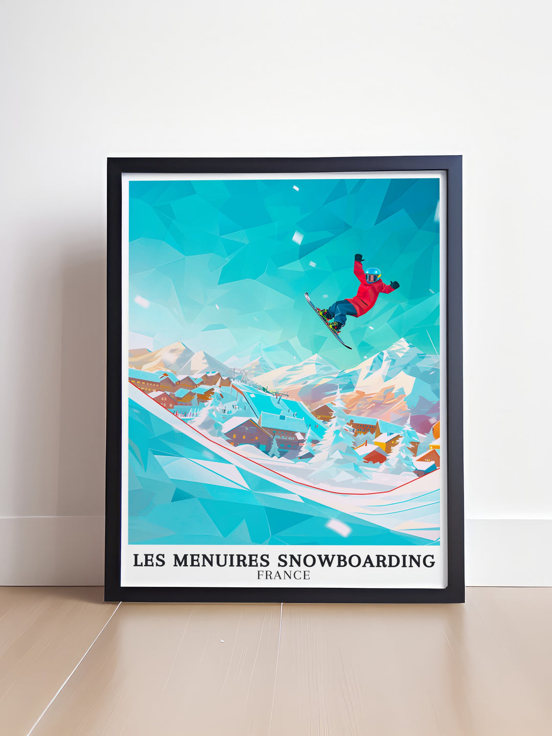 Bring the beauty of the French Alps into your living room with this stunning Les Menuires BK Park Wall Art perfect for snowboarding and skiing enthusiasts looking for modern ddcor and a reminder of their alpine adventures