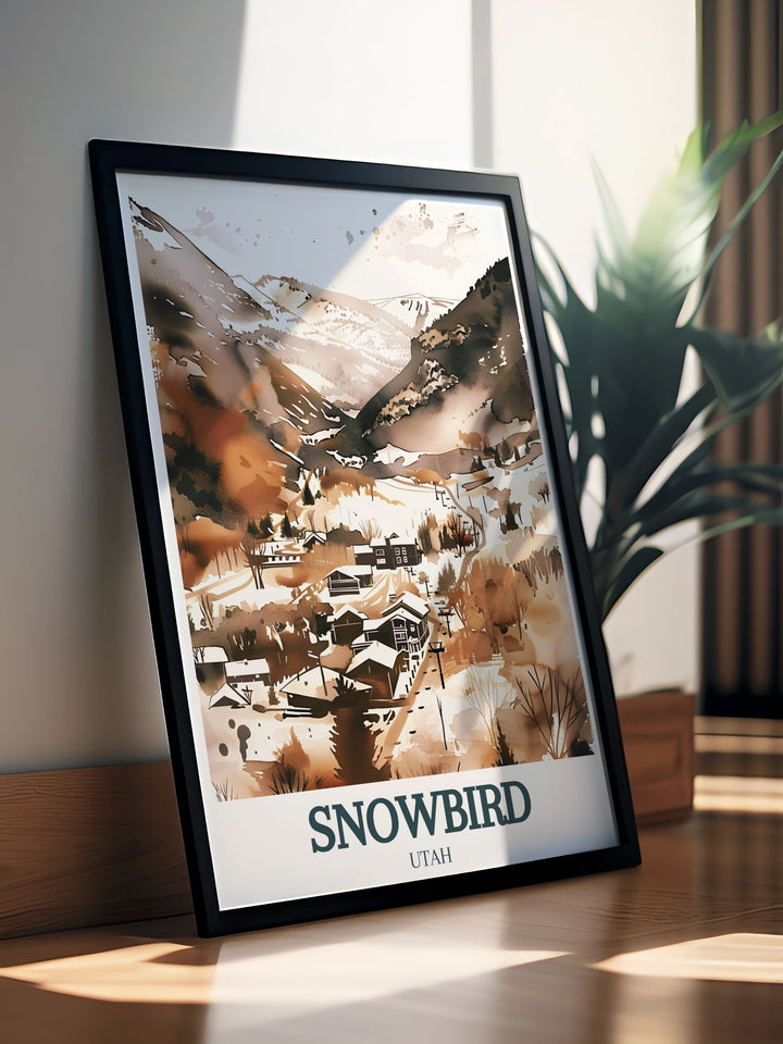 Hidden Peak and Cliff Lodge stunning prints capturing the picturesque snowy peaks of Park City Utah. The vintage ski poster highlights the classic charm of the ski resort while showcasing the rugged beauty of Hidden Peak and Cliff Lodge.