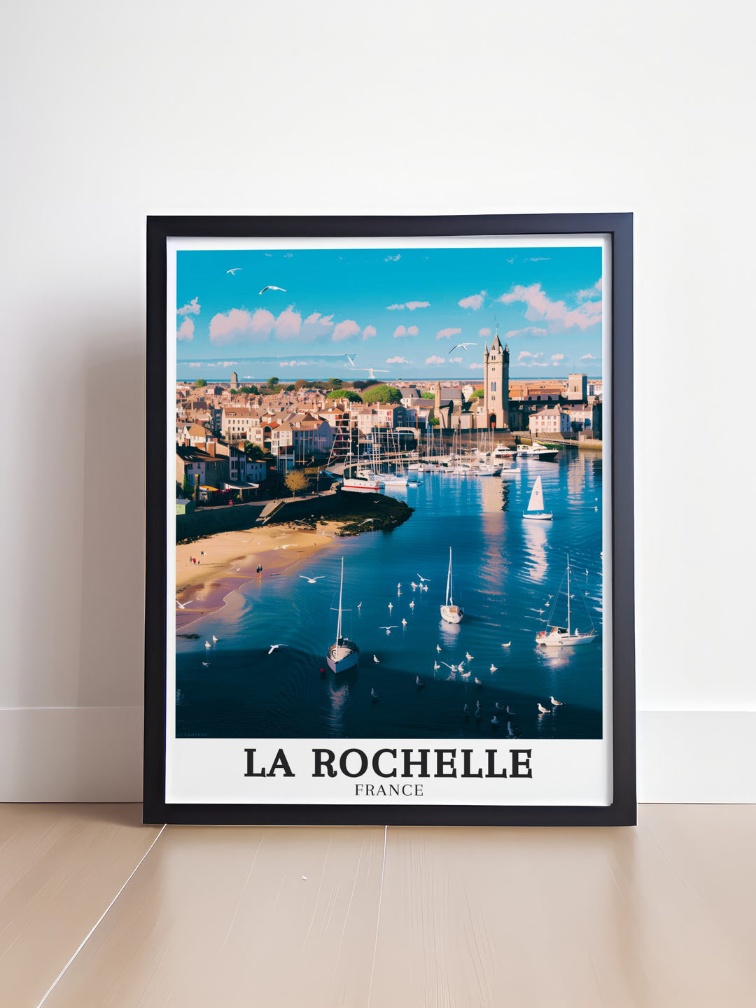 Detailed La Rochelle print featuring the historic Old Port and the natural landscapes of Île de Ré. The artwork captures the harmony between La Rochelles maritime heritage and the unspoiled beauty of Île de Ré, ideal for France wall art collections