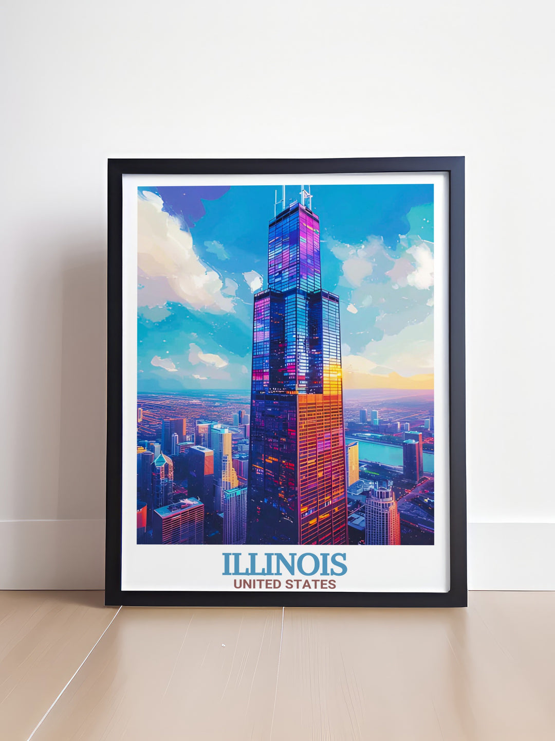 This Chicago skyline travel poster, featuring Willis Tower, brings the citys iconic architecture to life with its vibrant colors and intricate details. The perfect gift for Chicago lovers, this piece adds a touch of urban sophistication to any space.