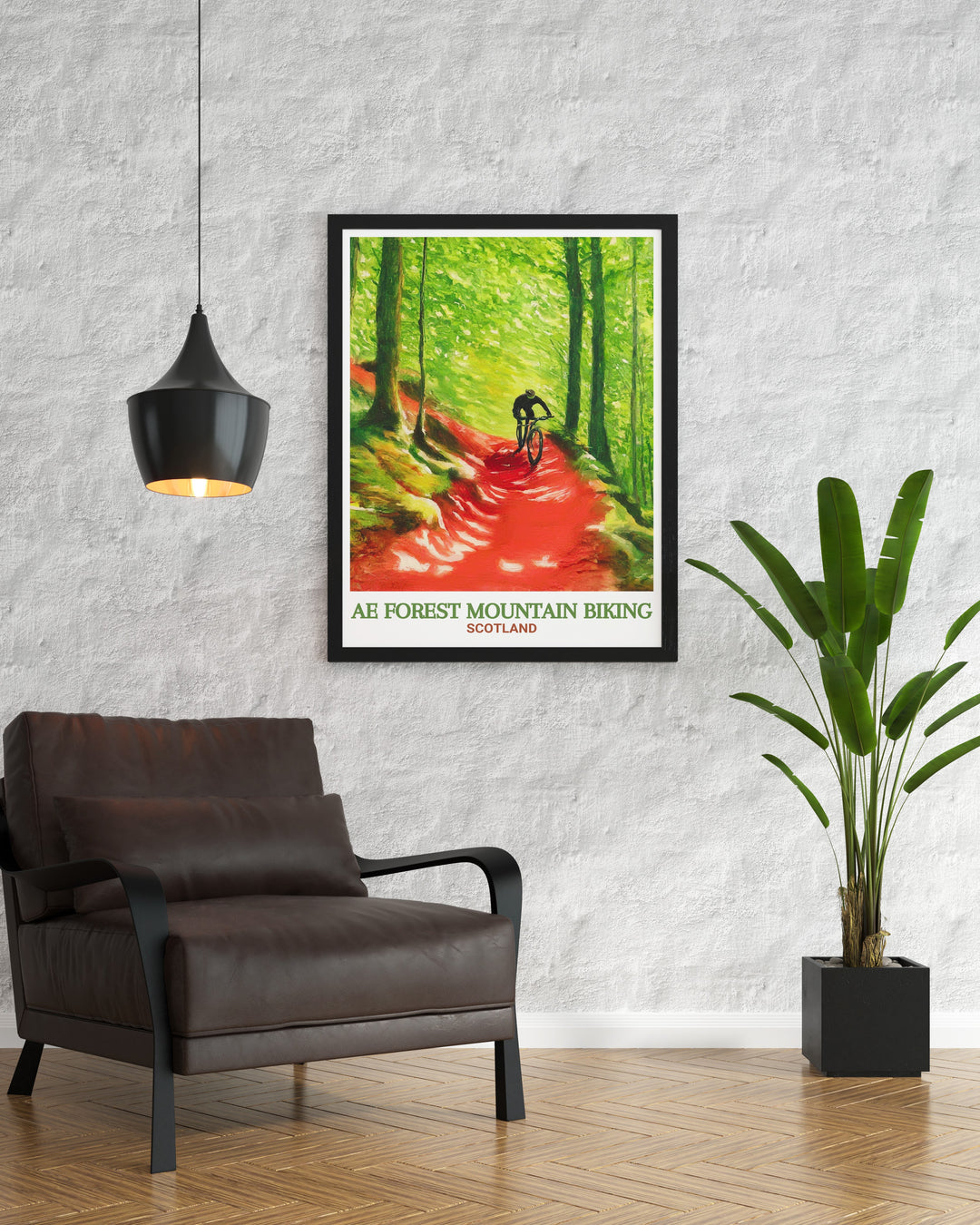 Ae Line wall art showcasing one of Scotlands premier mountain biking trails within the stunning Ae Forest. This travel poster captures the wild beauty of the forest, perfect for those who love both cycling and scenic landscapes.