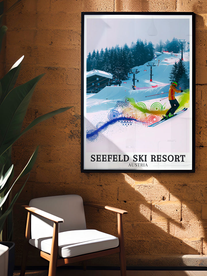 Gschwandkopf jump ramp and Tyrolean ski area are highlighted in this Seefeld Ski Resort Poster Print. Ideal for fans of Austria skiing and snowboarding looking to decorate their homes with stunning alpine artwork.