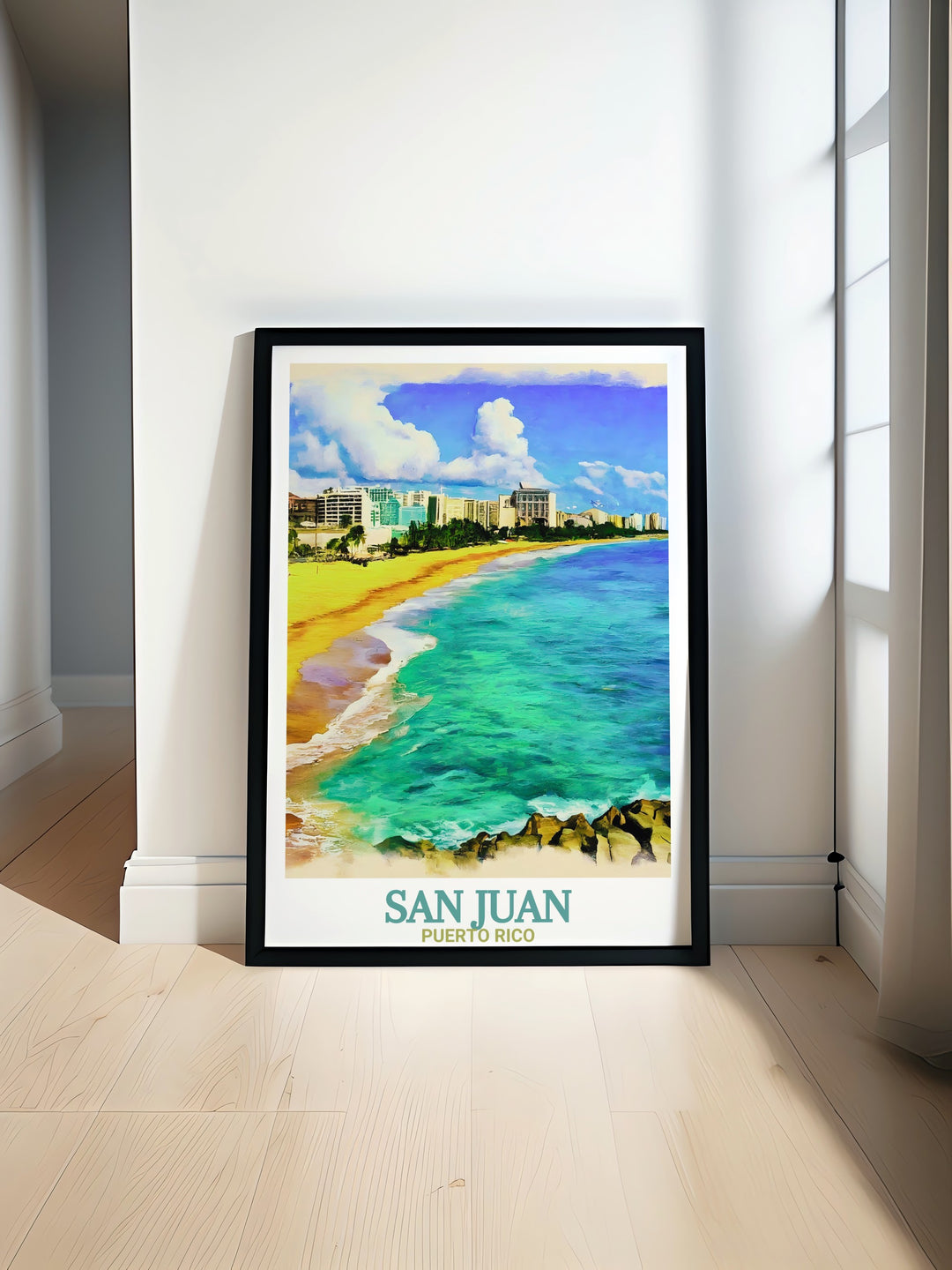 Stunning San Juan poster print featuring Condado Beach perfect for Caribbean wall art or adding a touch of tropical beauty to your home decor. This vibrant artwork is ideal for gifts for her or him and works beautifully in living rooms and bedrooms.