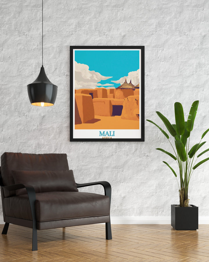 This Mali travel print features the Bandiagara Escarpment, a UNESCO World Heritage Site. Ideal for those who love African history and natural beauty, its the perfect addition to any space.