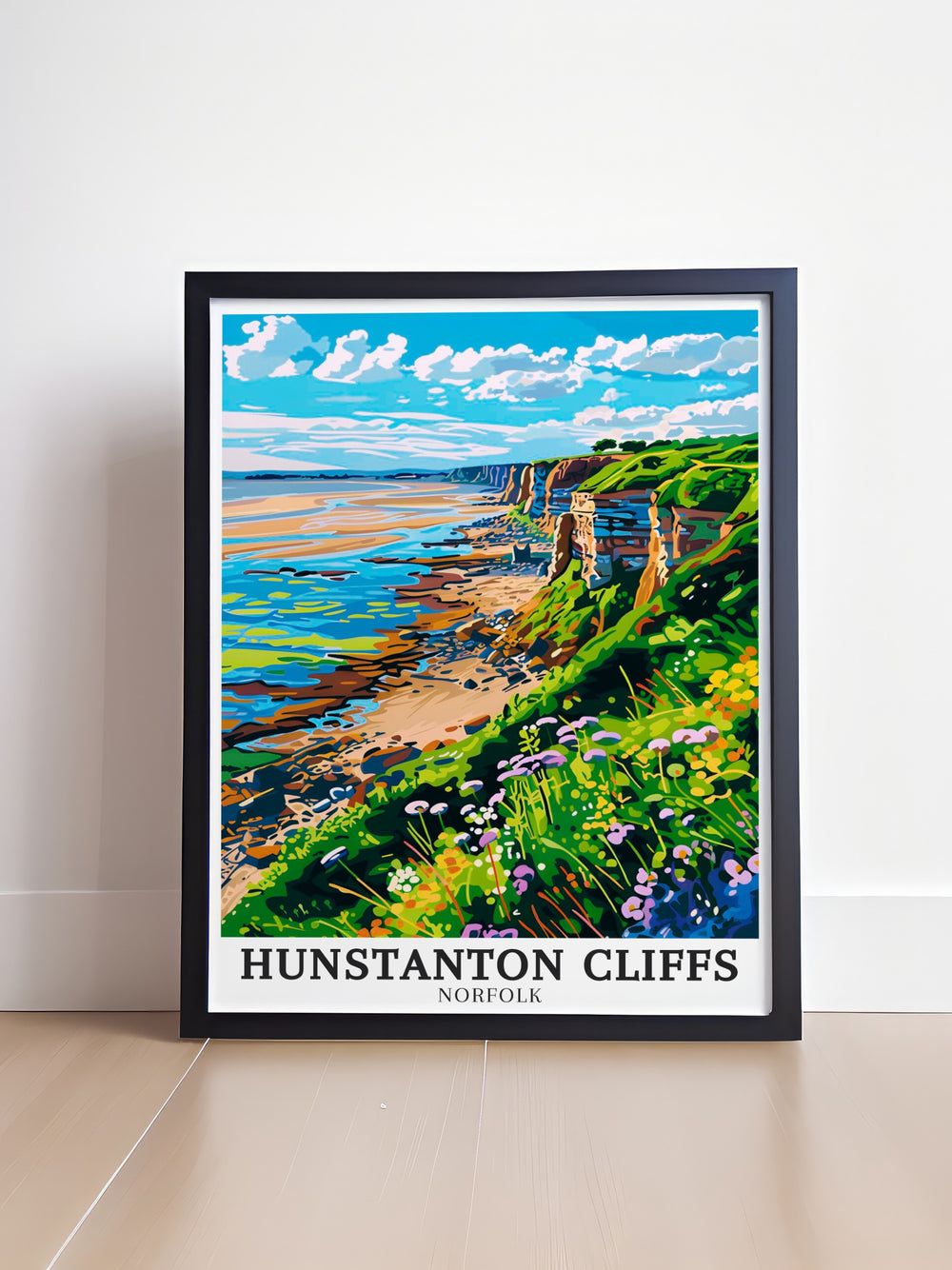 Hunstanton Beach wall art depicting the serene beauty of the beach at sunset. This print captures the calm waves and golden sands of Hunstanton, bringing a sense of tranquility into any room and making it ideal for a peaceful home or office setting.