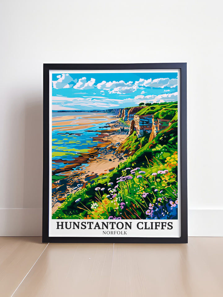 Hunstanton Beach wall art depicting the serene beauty of the beach at sunset. This print captures the calm waves and golden sands of Hunstanton, bringing a sense of tranquility into any room and making it ideal for a peaceful home or office setting.