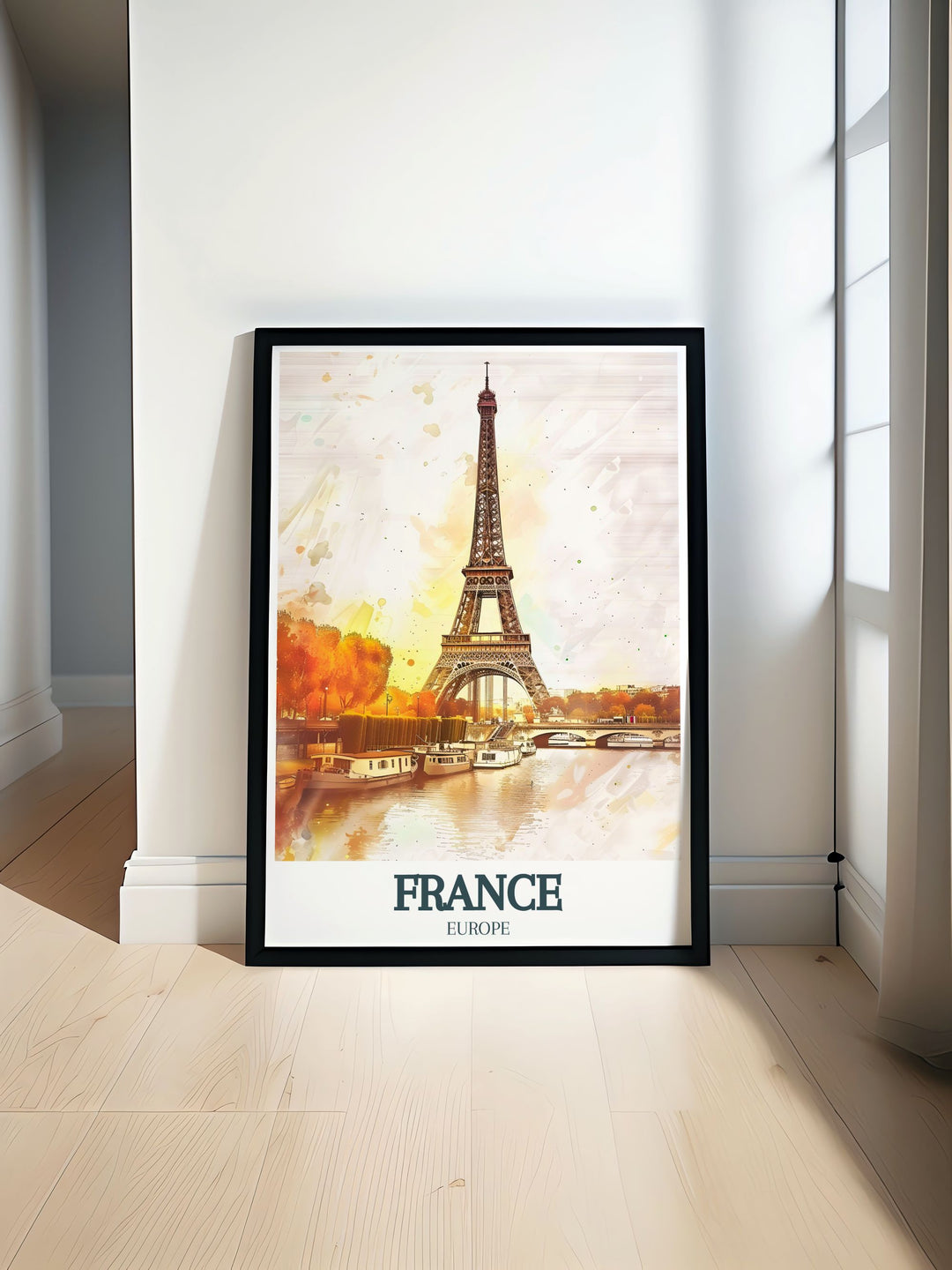 Eiffel Tower and Seine River modern print showcasing the iconic Paris landmarks with elegant design perfect for stylish home decor and wall art