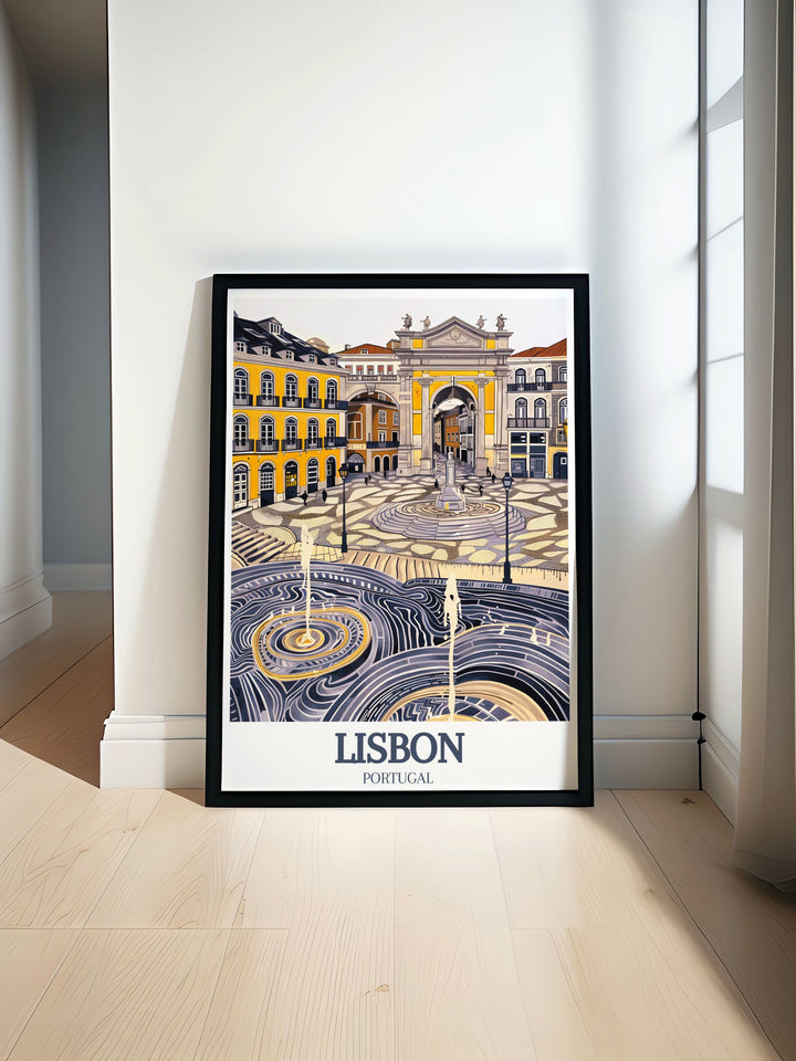 Lisbon Poster Print showcasing Praca do Comercio and Rossio Square adds a touch of Portugal's historic charm to your home decor. This beautiful Portugal Wall Art makes a stunning addition to any living room or office with its detailed imagery.