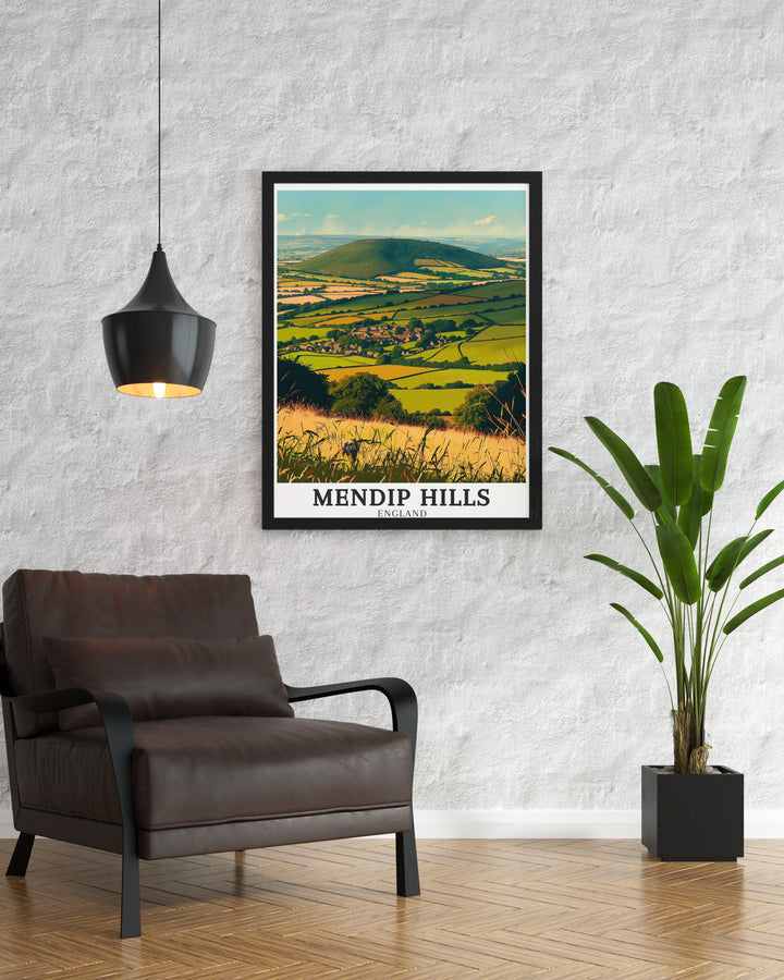 This travel print of the Mendip Hills, Somerset Levels, and Blackdown Hills captures the essence of Englands natural beauty. Whether for yourself or as a gift, this artwork brings the outdoors into any room, creating a peaceful atmosphere.