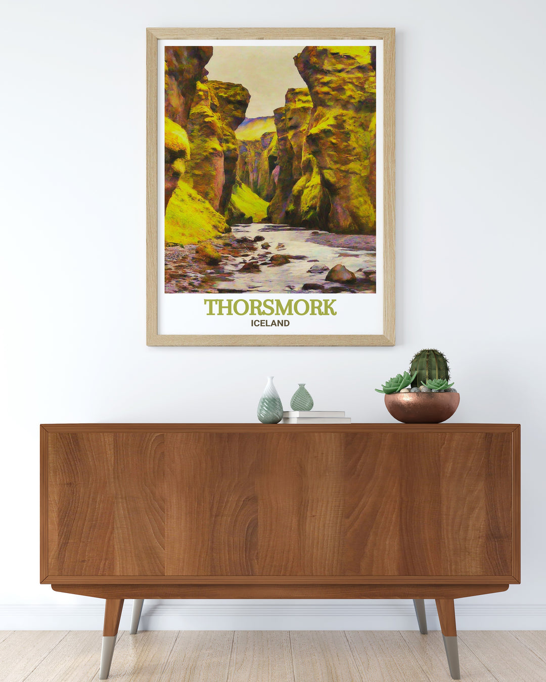 This detailed print of Thorsmork and Stakkholtsgjá Canyon offers a stunning portrayal of Icelands untouched landscapes, ideal for enhancing any living space.