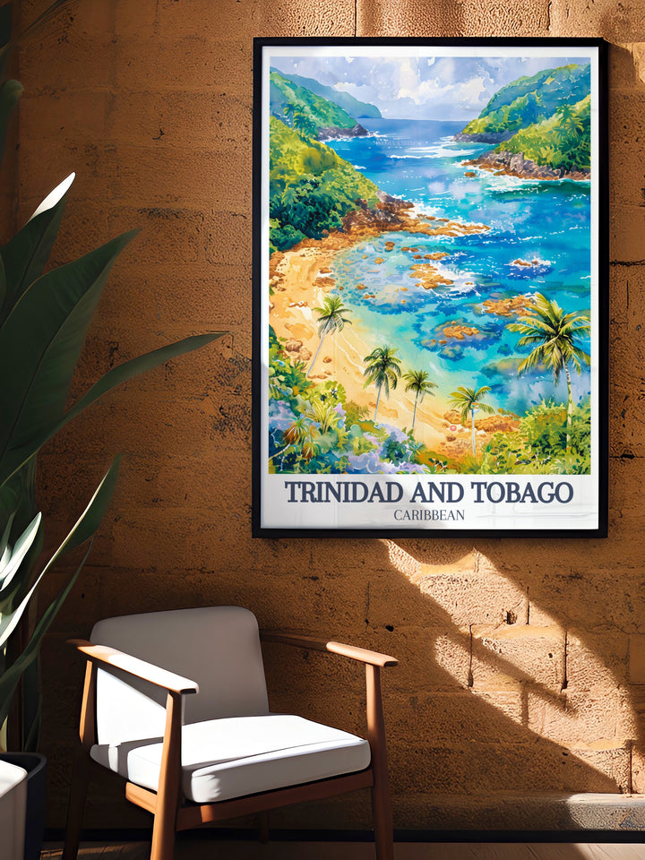 Our Trinidad and Tobago travel print captures the serene beauty of Maracas Bay and the iconic Nylon Pool, offering a glimpse of two of the islands most beloved spots. Perfect for those who cherish Caribbean escapes, this framed artwork brings island life to your walls.