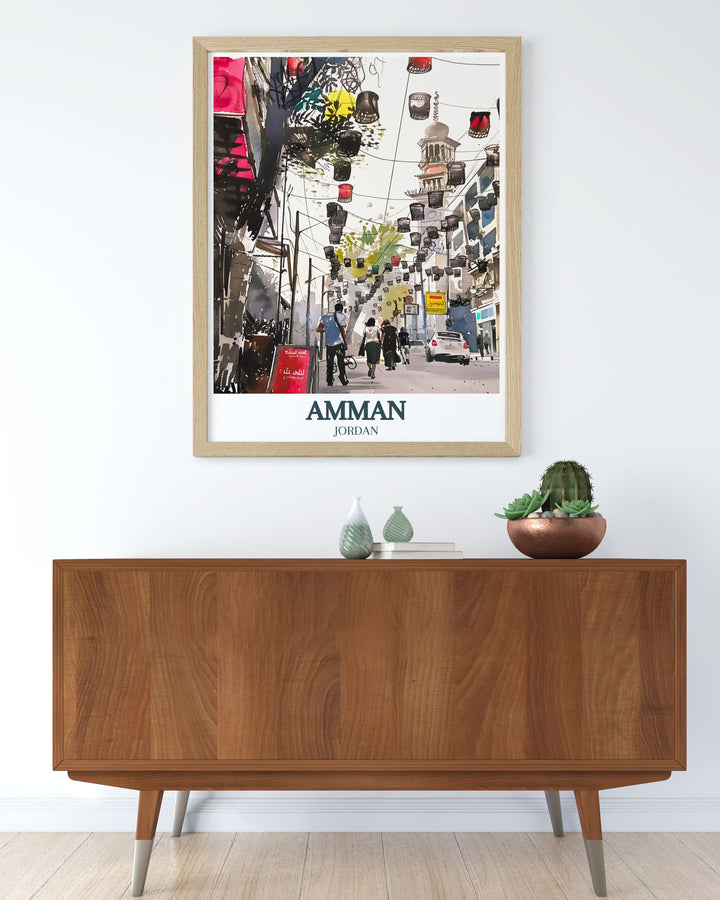 Vibrant Travel Poster Print of Rainbow Street King Abdullah Mosque ideal for those who love travel inspired home decor and want to celebrate Jordan's rich cultural heritage