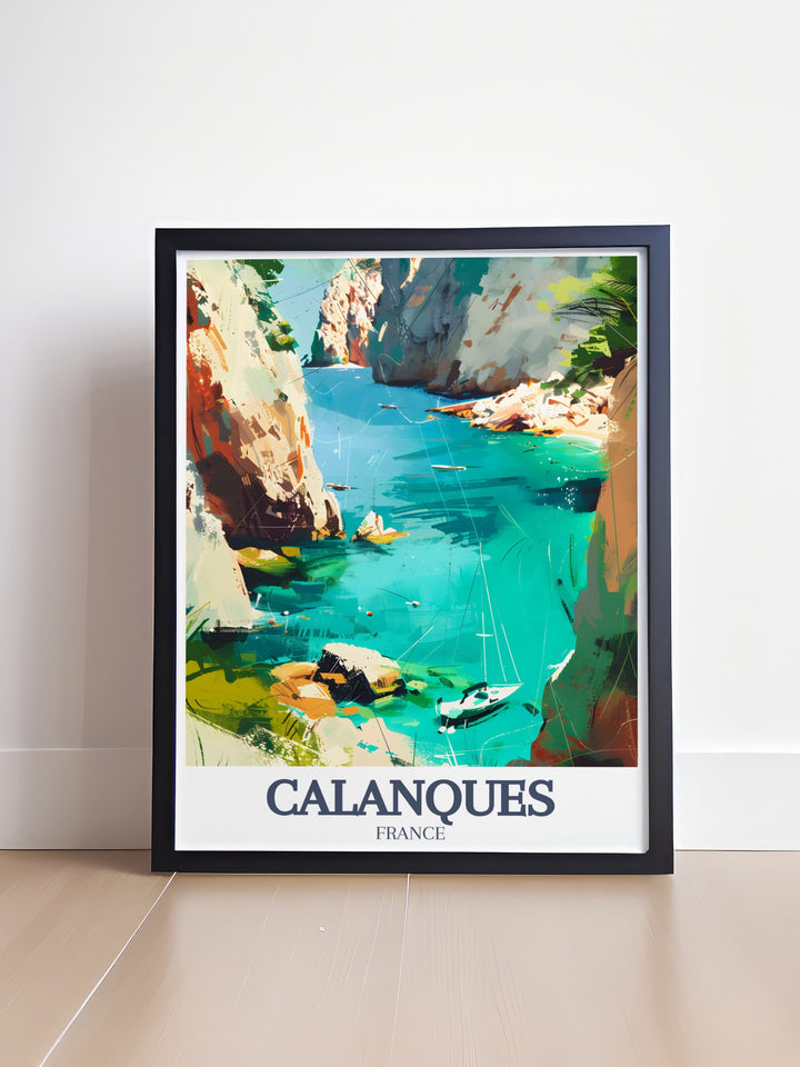 Calanque dEnVau and Calanque de Morgiou wall decor captures the serenity of the Mediterranean coastline with vibrant colors perfect for adding a touch of France art to your living room office or bedroom.