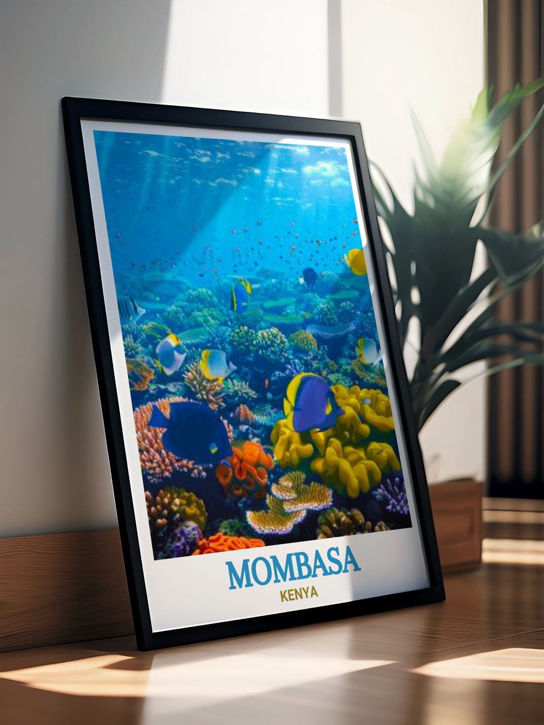 The Mombasa Marine Travel Print brings the beauty of Kenyas coral reefs and exotic fish into your living space. Ideal for nature lovers, this art piece captures the essence of Mombasas rich marine biodiversity.