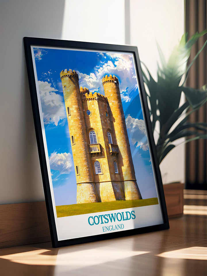 Capture the essence of the English countryside with a poster featuring the iconic Broadway Tower, offering picturesque views of the lush Cotswolds landscape, perfect for enhancing any room.