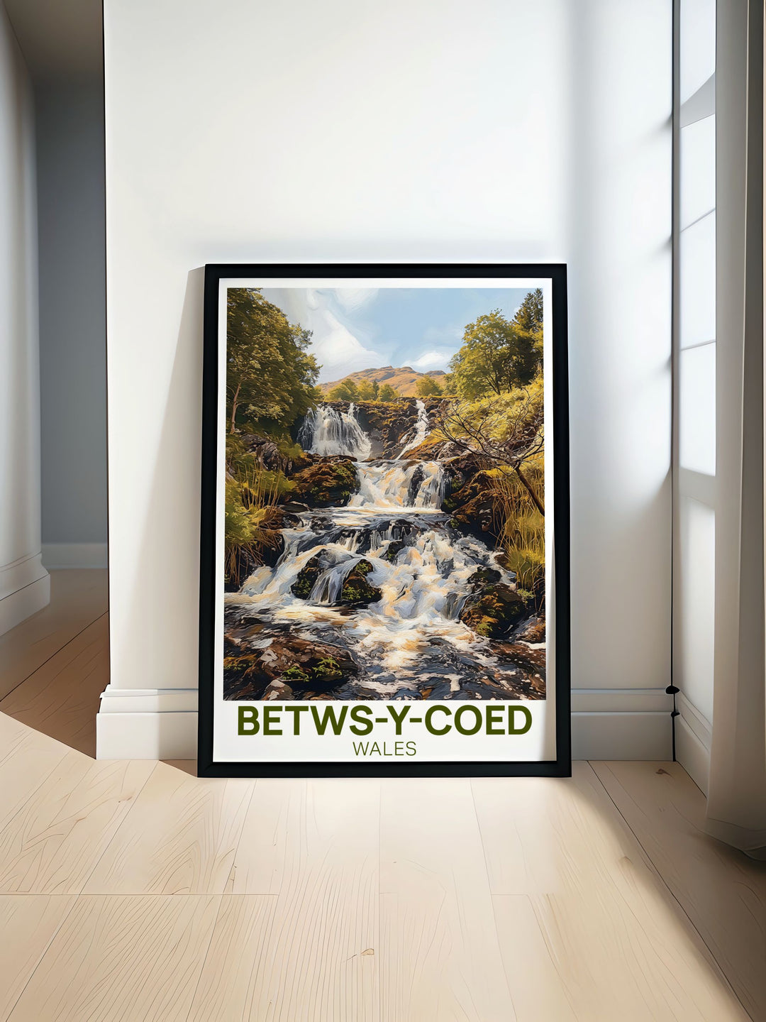 Betws y Coed travel poster featuring the picturesque village nestled in the lush Welsh countryside perfect for adding a touch of nature and history to your home decor Swallow Falls is also beautifully highlighted in this stunning artwork.