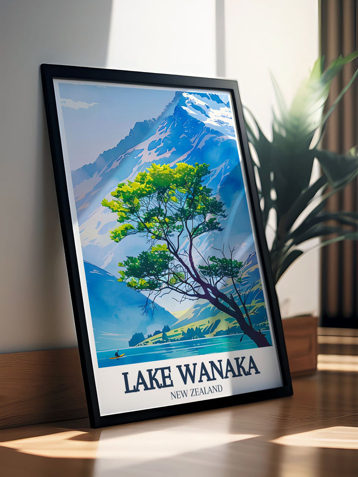 Elegant New Zealand wall art featuring the serene lake wanaka tree in Mount Aspiring National Park An ideal piece of artwork for any room creating a peaceful and inviting atmosphere