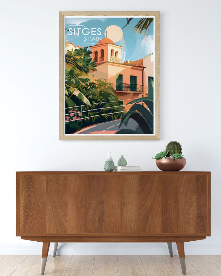 Celebrate Spains rich architectural heritage with this elegant art print of Sitges Church of Sant Bartomeu i Santa Tecla. The travel poster highlights the beauty of this historic landmark, making it an excellent addition to any home or office space.