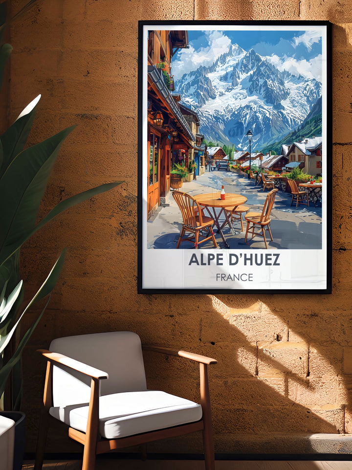 Travel poster of LAlpe dHuez Village in winter, illustrating the scenic beauty and bustling ski culture.