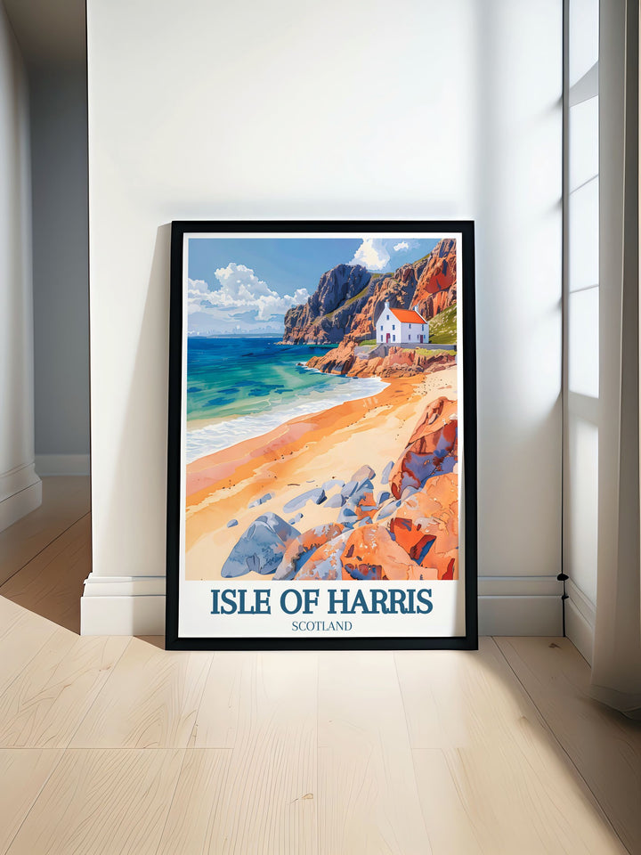 Isle of Harris decor featuring iconic coastal landmarks, perfect for thoughtful gifts or personal use. This travel print embodies the vibrancy of the Outer Hebrides, making it a cherished piece for art lovers and travelers alike.