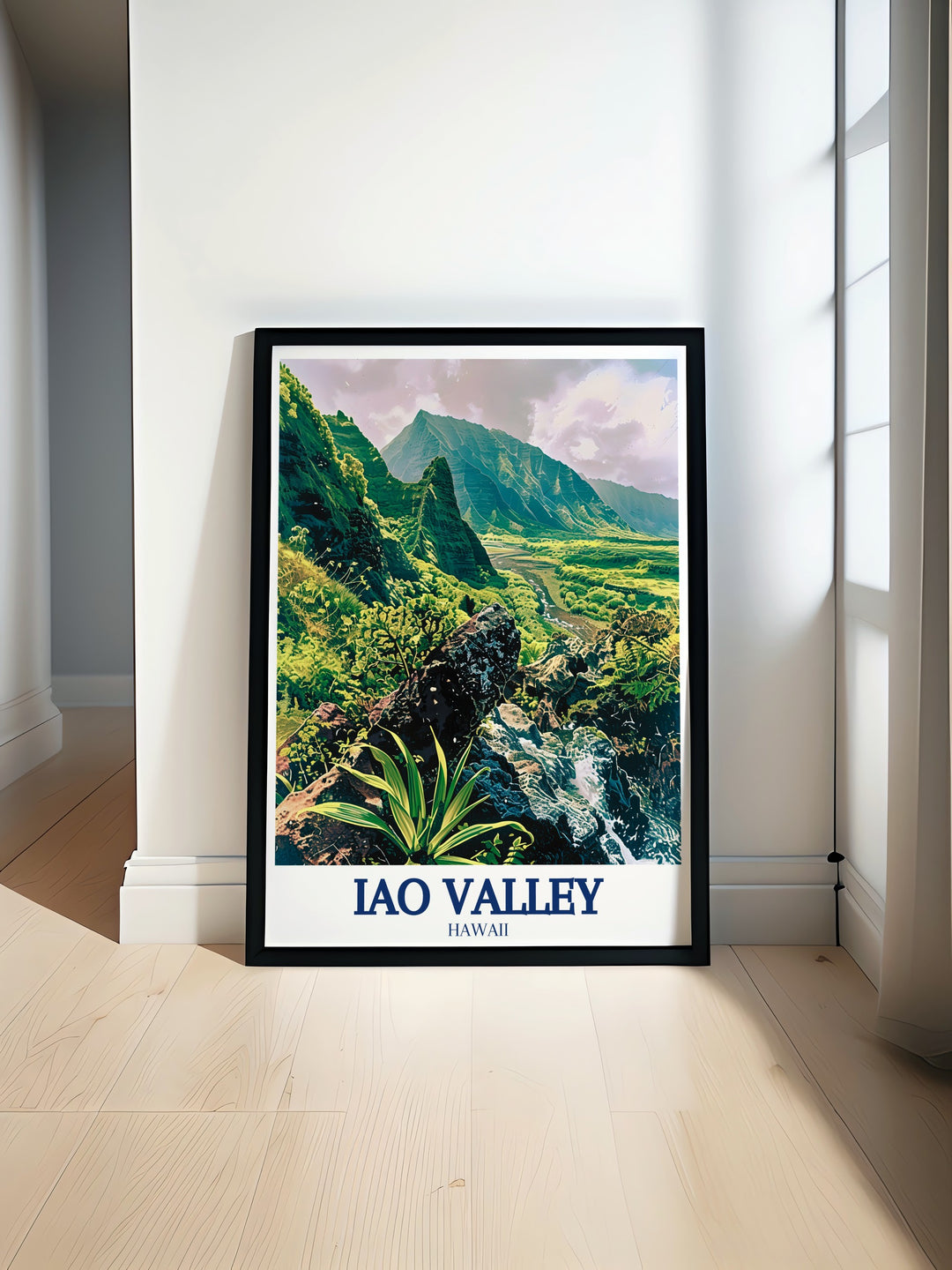 This Iao Valley wall art celebrates the dramatic beauty of Hawaiis Iao Needle and its surrounding lush greenery. The winding Iao Stream completes the scene, making it a must have for lovers of Hawaiian nature. This travel poster is a perfect addition to your living space or as a gift for someone special.