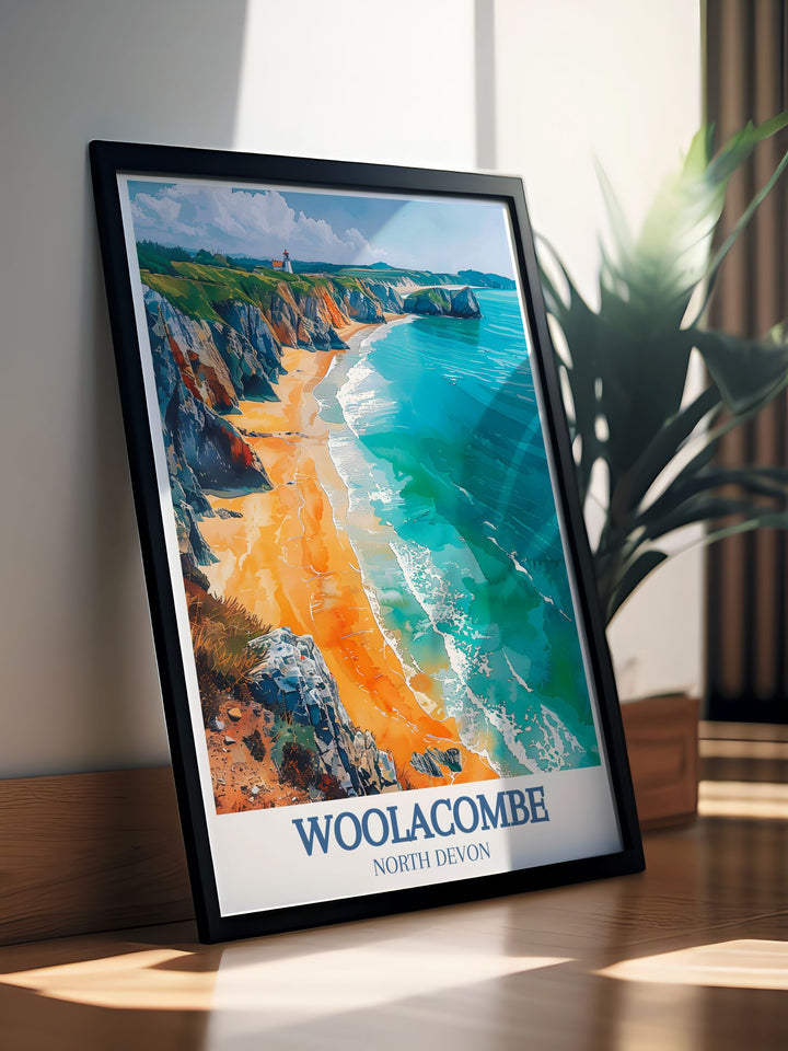 Stunning Woolacombe Beach Bullpoint Lighthouse print offering a visual escape to the tranquil Devon coast ideal for modern home decor and creating a focal point in your living space perfect for gifts for loved ones