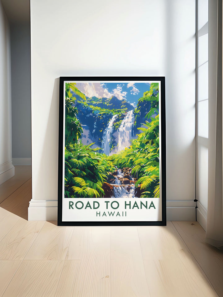 Hawaii wall art featuring the vibrant landscapes of the Road to Hana and the serene Twin Flame collection. This artwork captures the beauty and tranquility of Hawaii, perfect for adding a touch of tropical elegance to your home.