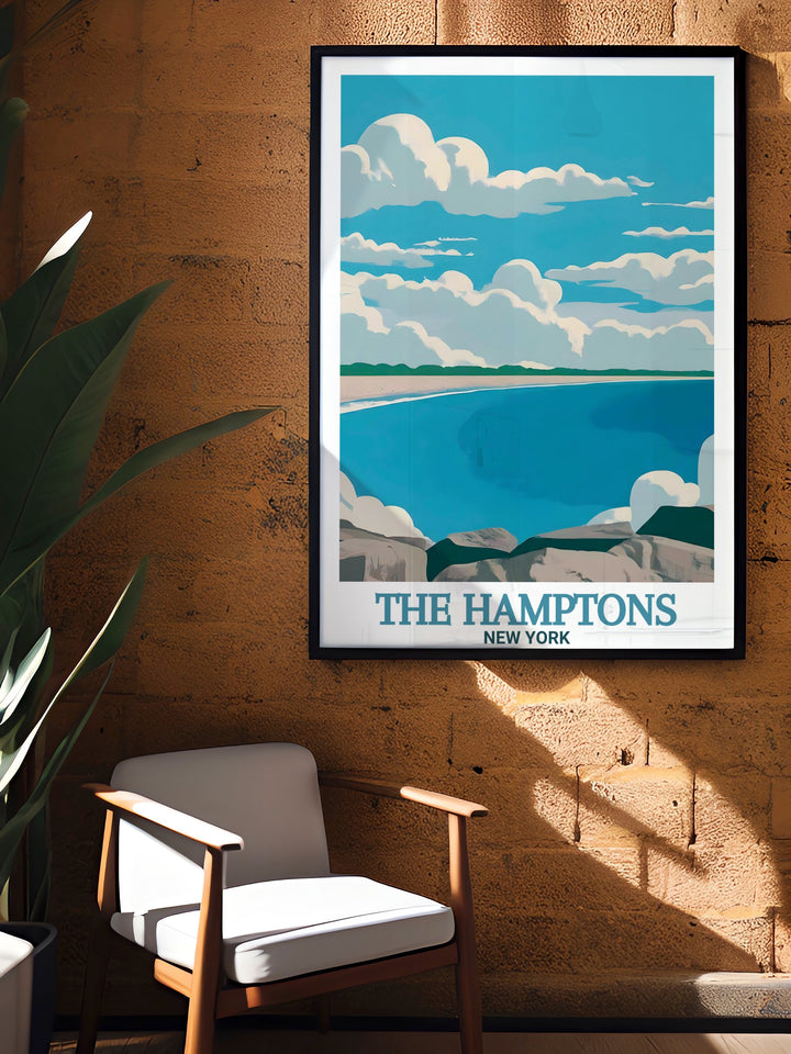 The Hamptons art print features Coopers Beach and highlights the beauty of New Yorks iconic coastal destination. The color palette reflects the calm and elegance of The Hamptons, while the detailed map adds a personalized touch. Perfect for coastal lovers, this travel poster print makes a thoughtful gift.