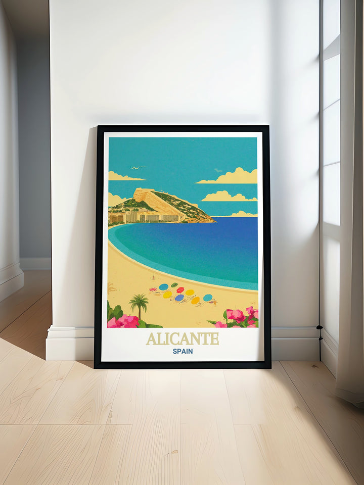 Alicante art print of Playa del Postiguet, capturing the beachs lively atmosphere and beautiful views. This poster is designed to bring a sense of relaxation and coastal charm to your home decor, celebrating Alicantes vibrant beach culture and the beauty of the Mediterranean Sea.