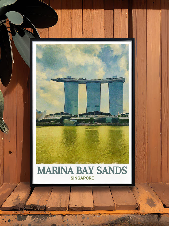 Marina Bay Sands Art Print celebrating the grandeur of Singapores skyline as seen from the SkyPark, emphasizing the harmony between cutting edge design and natural beauty. This print is perfect for anyone who loves contemporary art and travel.