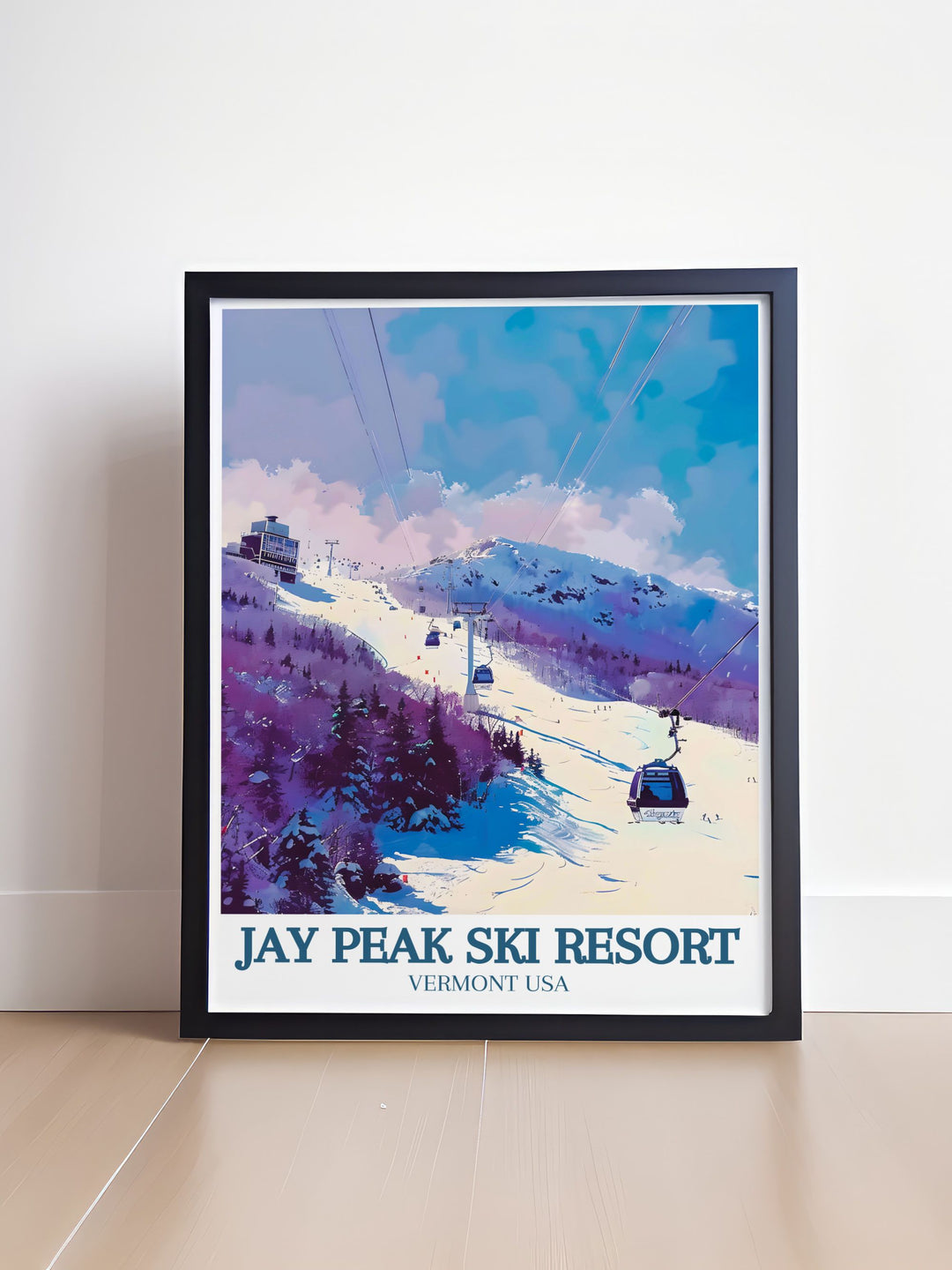 The detailed depiction of Jay Peaks extensive trails and diverse skiing opportunities makes this travel poster a great addition for winter sports fans.
