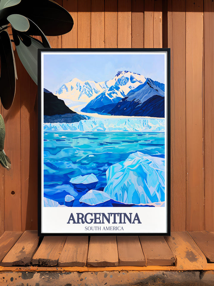 Perito Moreno Glacier, Los Glaciares National Park wall art depicting the spectacular natural wonder in all its glory. Perfect for enhancing your living room or office with Argentina artwork that showcases the countrys natural beauty.