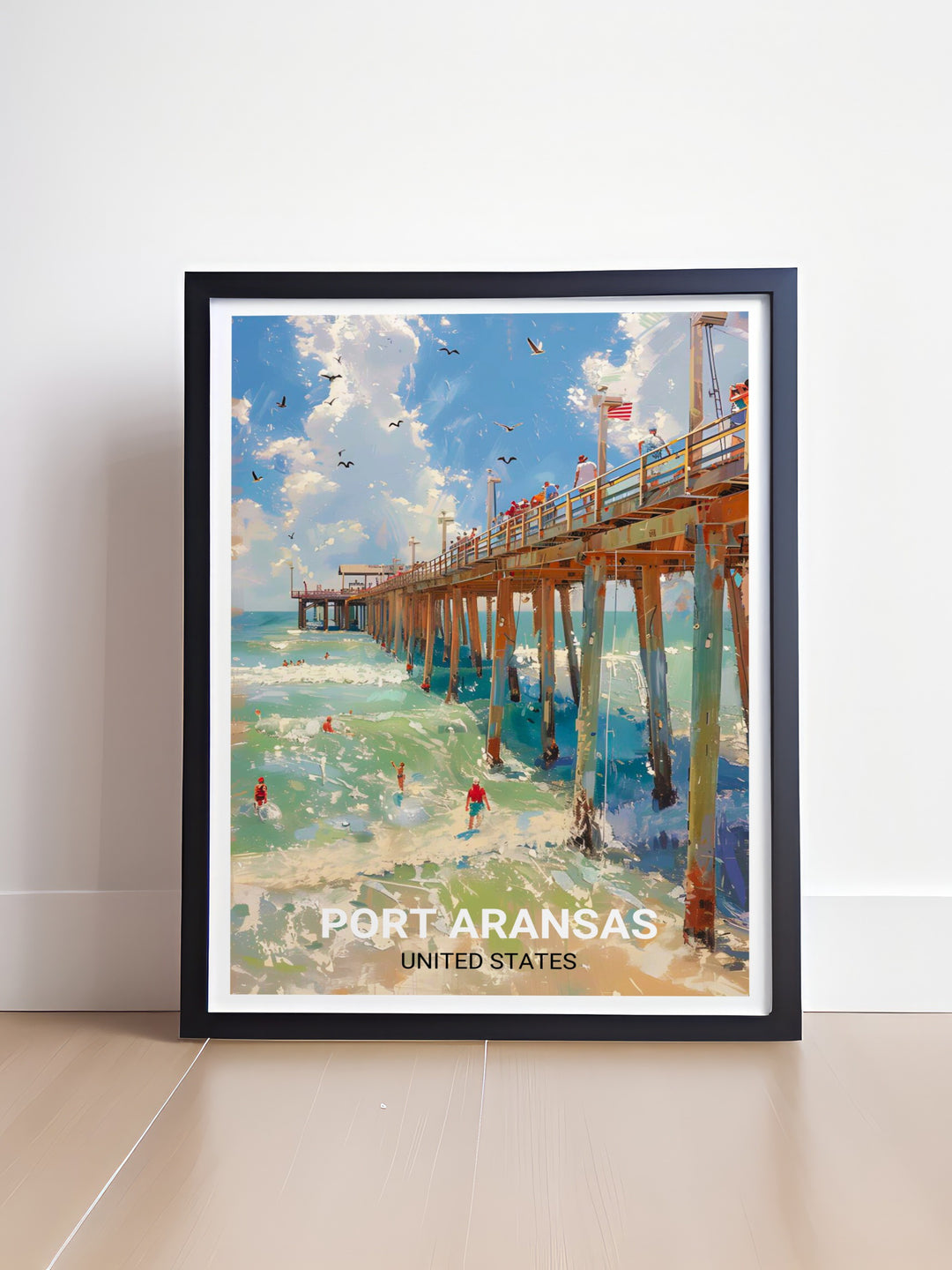 This Port Aransas poster features the Horace Caldwell Pier, one of the most beloved landmarks on Mustang Island. The print captures the piers timeless beauty and the peaceful ambiance of the Texas coast.