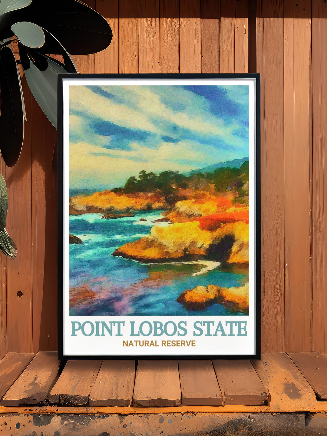 Vintage poster of Point Lobos, featuring the iconic scenery of China Cove with its emerald waters and surrounding cliffs. This print is perfect for those who love travel inspired art that celebrates the beauty of nature and the charm of Californias coast.